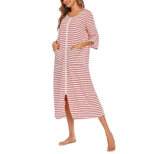 madeinclothinginc - Women's Striped Nightdress Casual Pajamas Loungewear