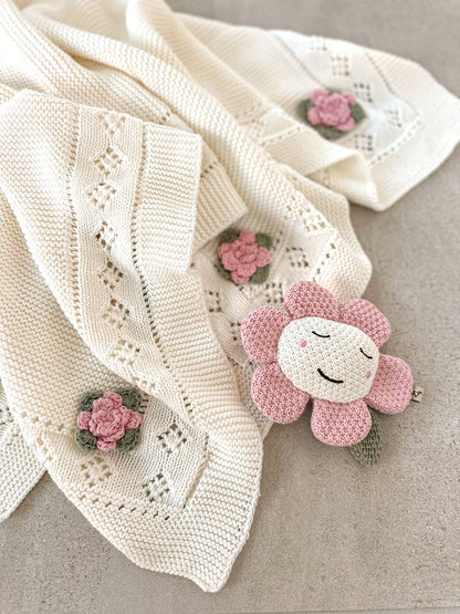 Viverano Organics - Flower Pointelle Knit Baby Blanket & Flower Rattle Gift SET