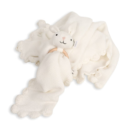 Viverano Organics - Scallop Edge Classic Knit Baby Blanket + Bunny Rattle SET