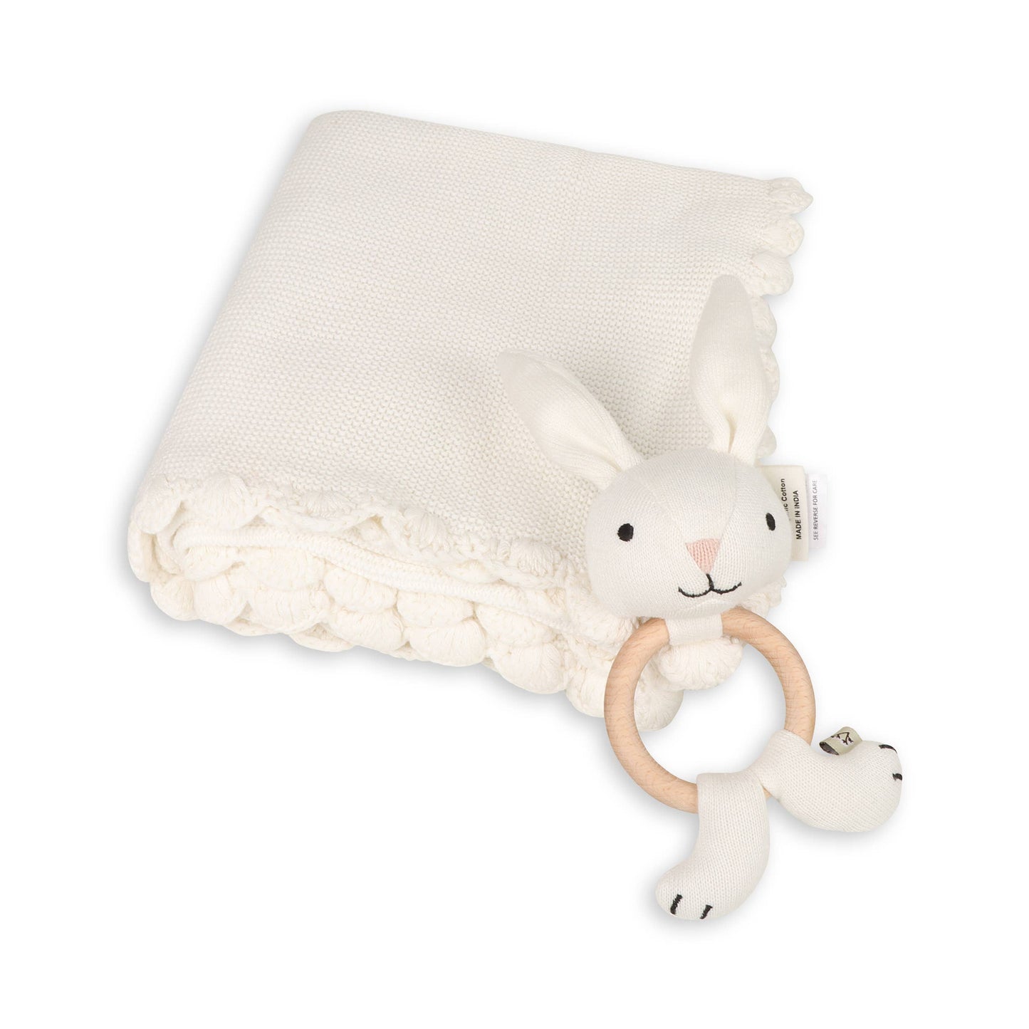 Viverano Organics - Scallop Edge Classic Knit Baby Blanket + Bunny Rattle SET