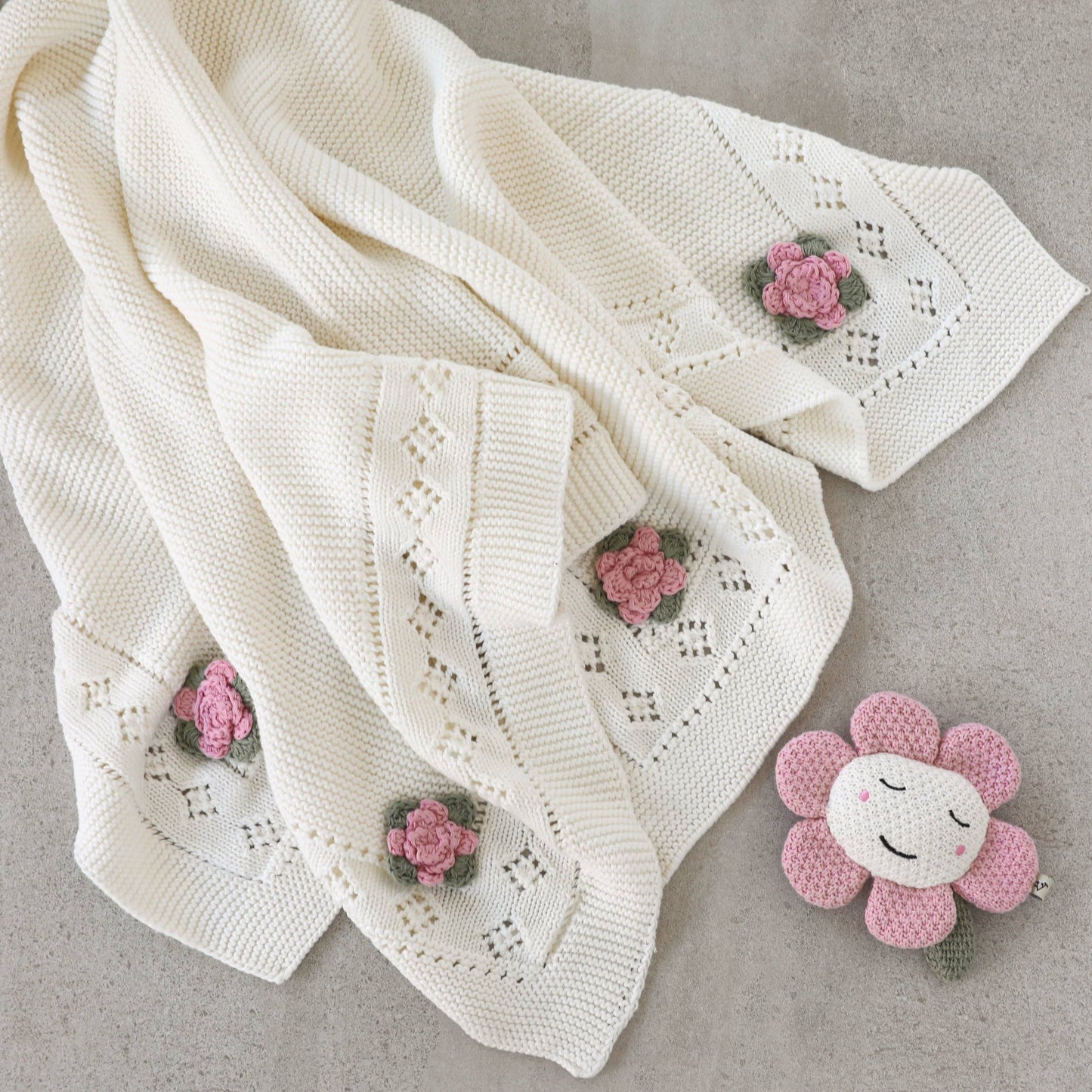 Viverano Organics - Flower Pointelle Knit Baby Blanket & Flower Rattle Gift SET