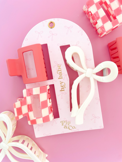 Rock Paper Scissors - Pink Bow and Checkered Claw Hair Clip Set