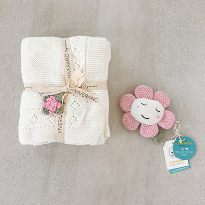 Viverano Organics - Flower Pointelle Knit Baby Blanket & Flower Rattle Gift SET