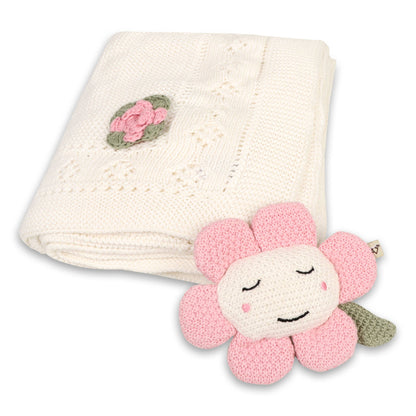 Viverano Organics - Flower Pointelle Knit Baby Blanket & Flower Rattle Gift SET