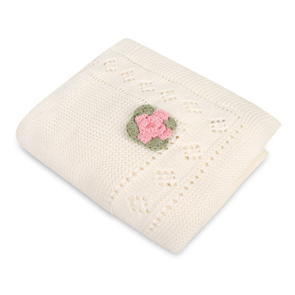 Viverano Organics - Flower Pointelle Knit Baby Blanket & Flower Rattle Gift SET