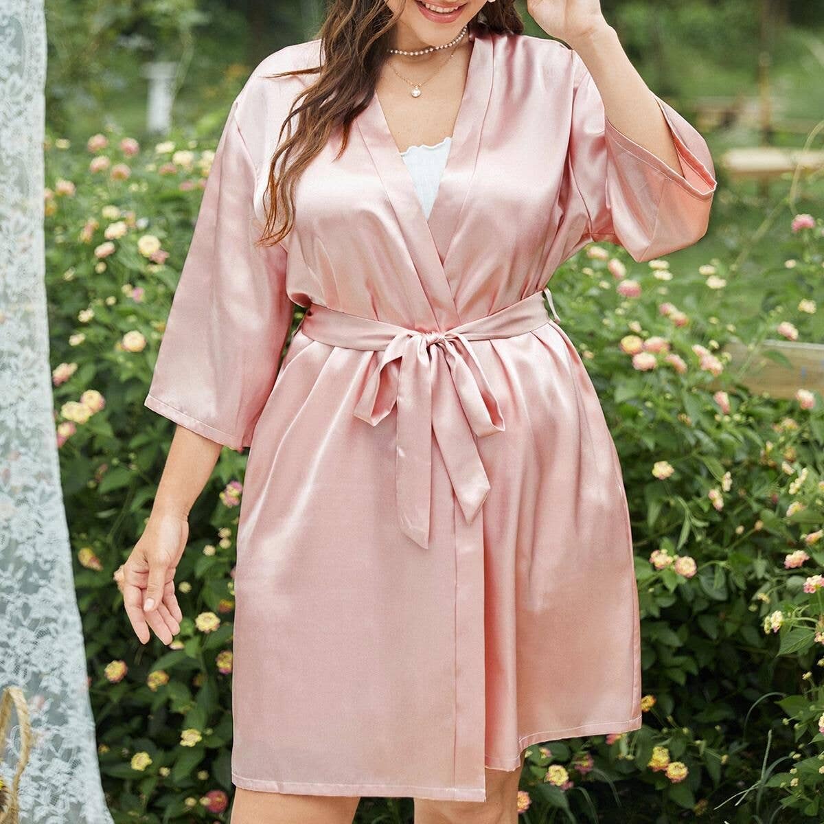 madeinclothinginc - Plus Size Loose Lace-Up Bathrobe Pajamas in Pink