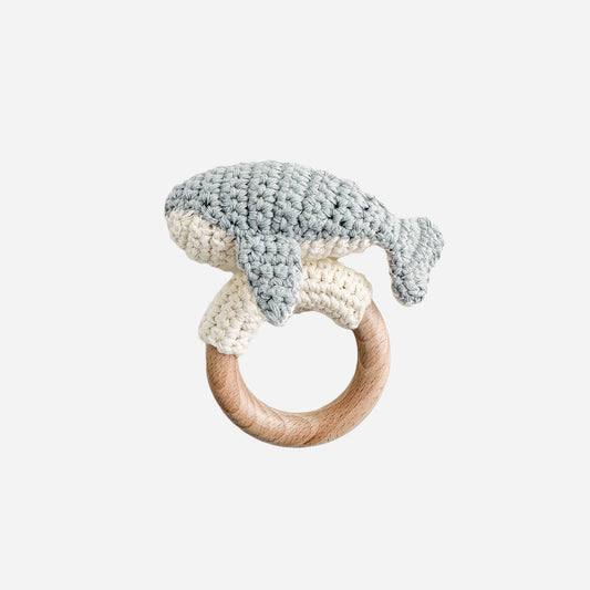 The Blueberry Hill - Cotton Crochet Rattle Teether Whale Baby Gift Spring Summer