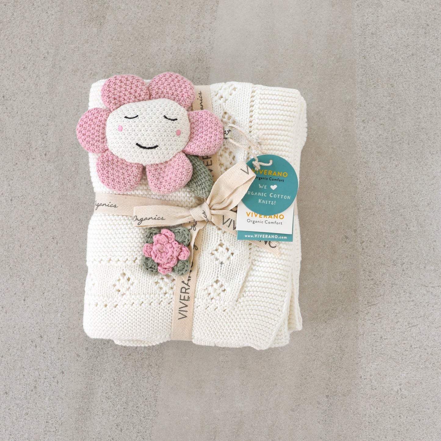 Viverano Organics - Flower Pointelle Knit Baby Blanket & Flower Rattle Gift SET