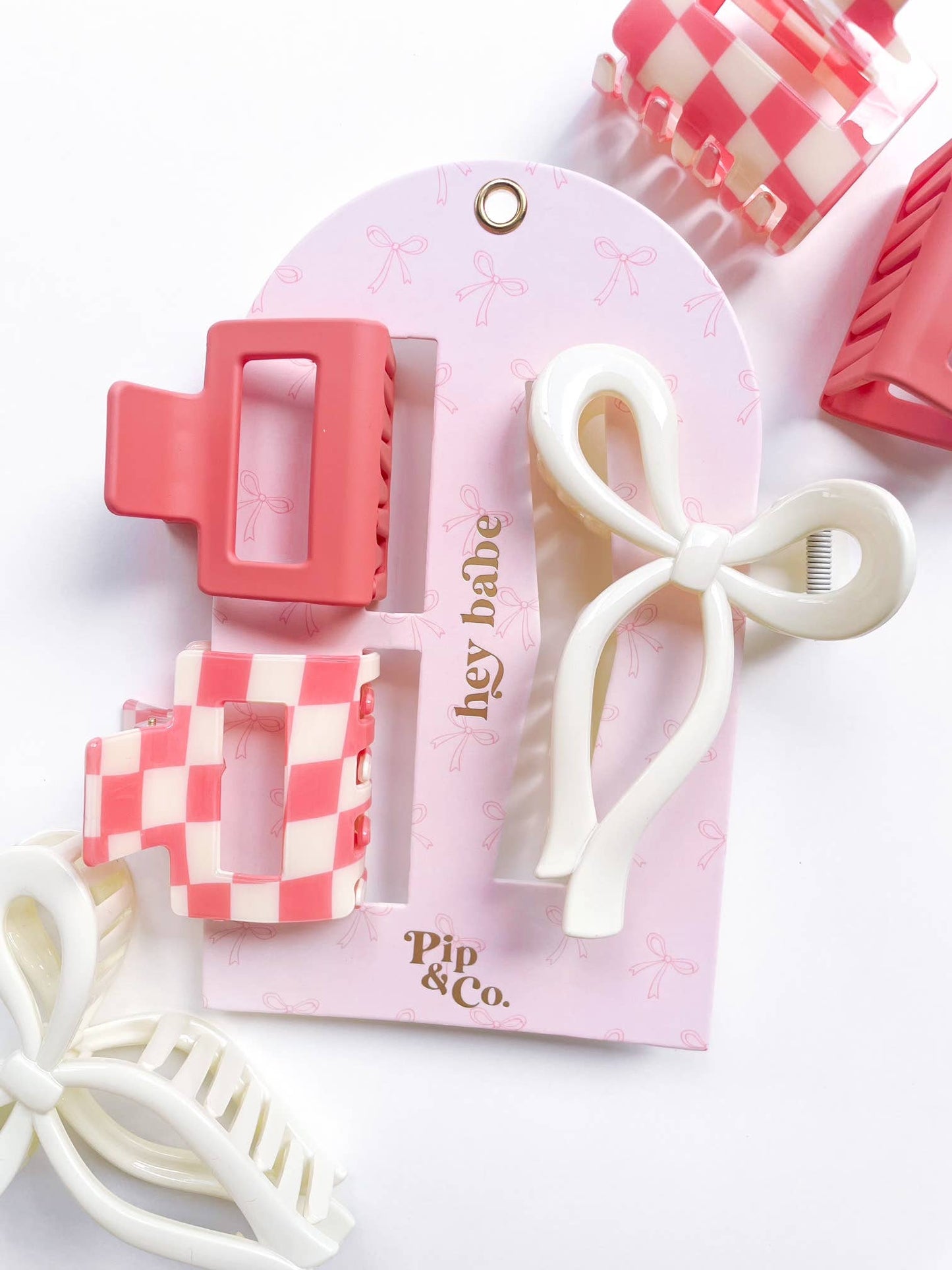 Rock Paper Scissors - Pink Bow and Checkered Claw Hair Clip Set