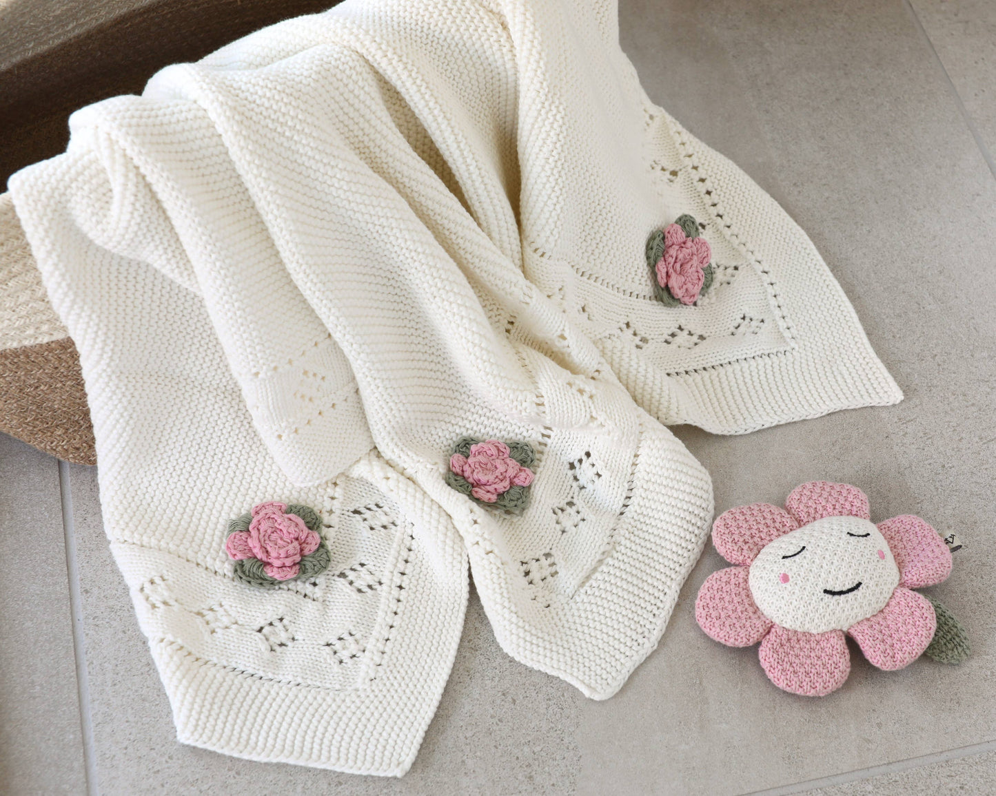 Viverano Organics - Flower Pointelle Knit Baby Blanket & Flower Rattle Gift SET