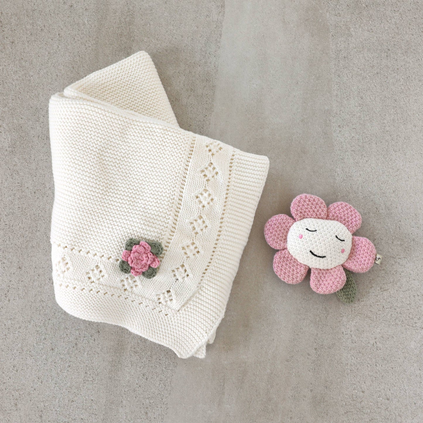 Viverano Organics - Flower Pointelle Knit Baby Blanket & Flower Rattle Gift SET